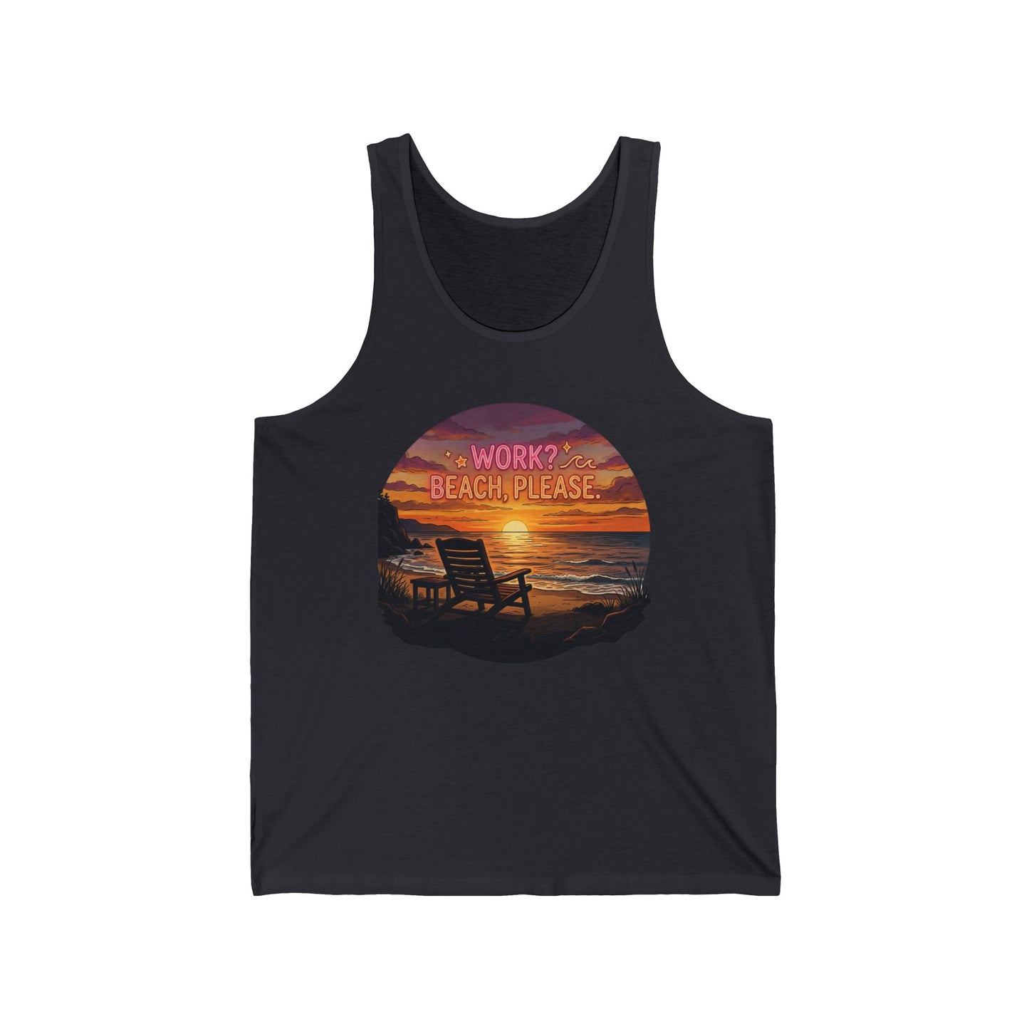 Tank Top — Sunset Beach Graphic “Work? Beach Please” Relaxed Vacation Tank