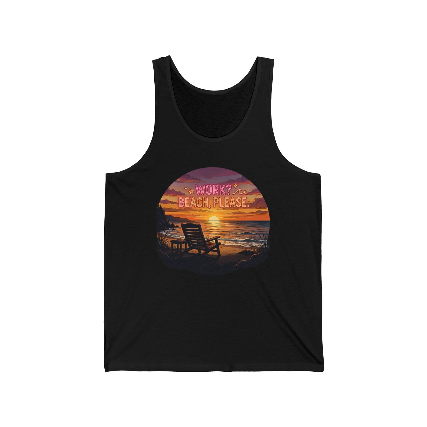 Tank Top — Sunset Beach Graphic “Work? Beach Please” Relaxed Vacation Tank
