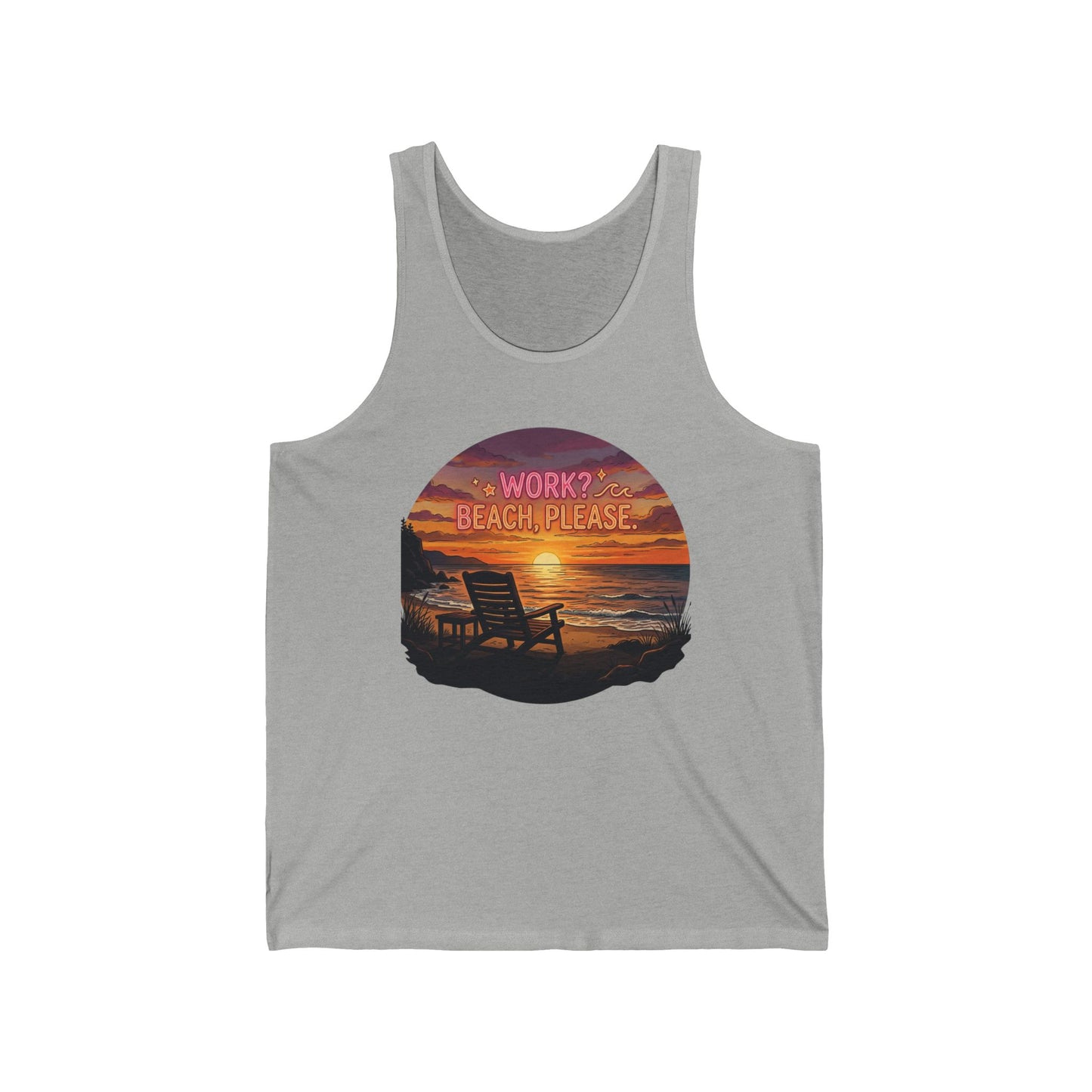 Tank Top — Sunset Beach Graphic “Work? Beach Please” Relaxed Vacation Tank