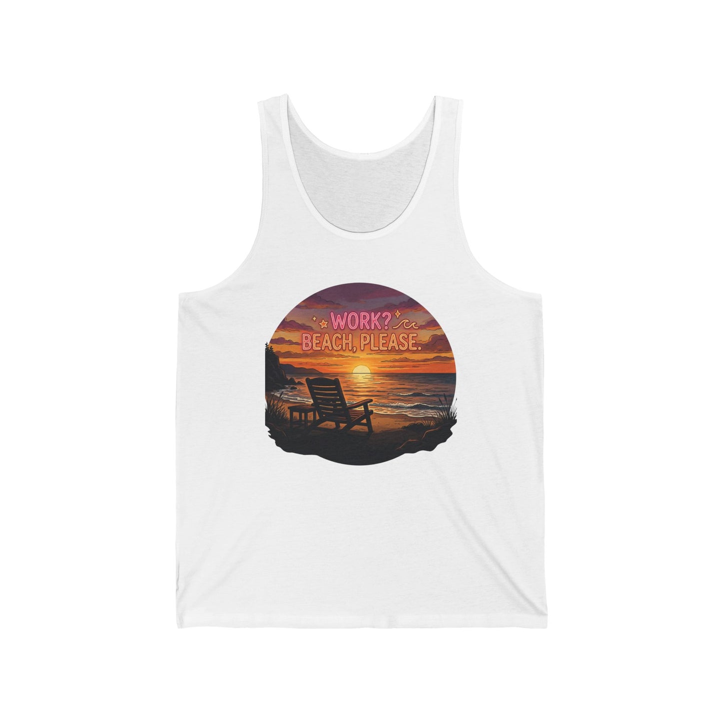 Tank Top — Sunset Beach Graphic “Work? Beach Please” Relaxed Vacation Tank